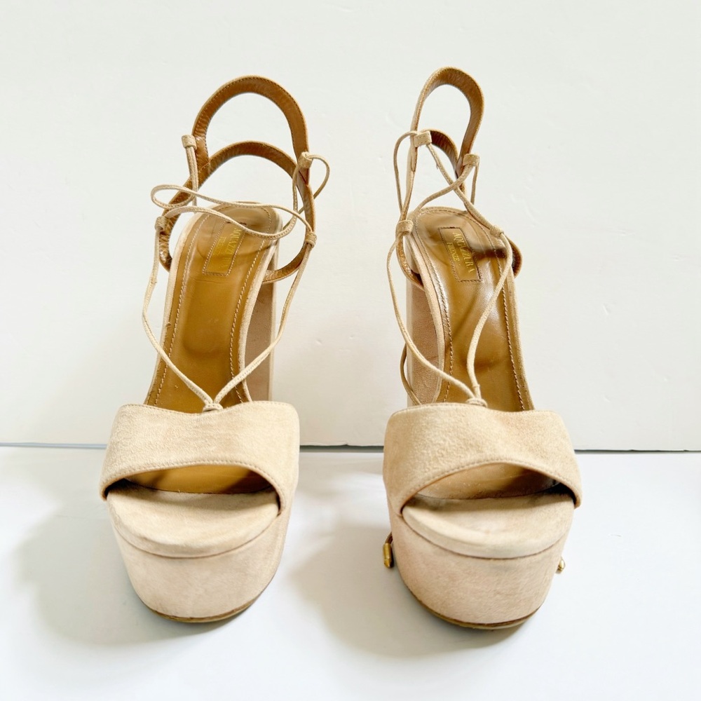 AQUAZZURA AUSTIN BEIGE CREAM SUEDE LACE UP ANKLE WRAP PLATFORM CHUNKY HEEL - Picture 8 of 15